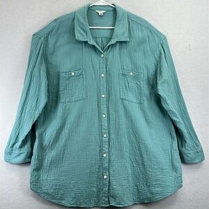 Caslon Women’s Button-Front Shirt/Tunic Sz 2X Aqua 100% Cotton Loose & Comfy Fit